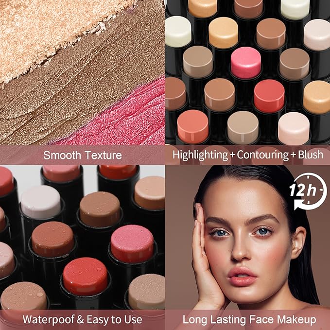 3 Pcs Face Contour Stick Kit, Matte Finish Face Stick Trio with Bronzer Blush Highlighter and Brush, Long Lasting Waterproof Cream Beauty Wand Makeup Set for Sculpt Glowing Face Look (#2, 10, 11)