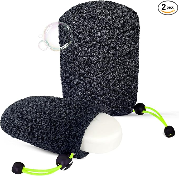 MIG4U Exfoliating Soap Bag for Shower 2 Pieces - Bar Soap Saver Pouch, Bamboo Body Scrubber Exfoliator Pocket in Travel Bathing, Black