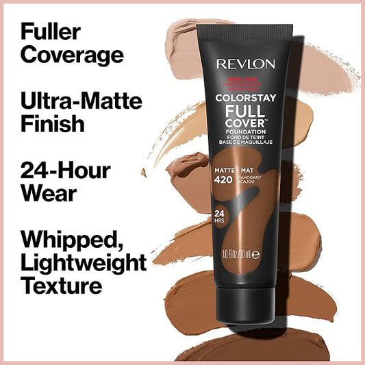 Revlon ColorStay Full Cover Longwear Matte Foundation, Heat & Sweat Resistant Lightweight Face Makeup, Buff (150), 1.0 oz