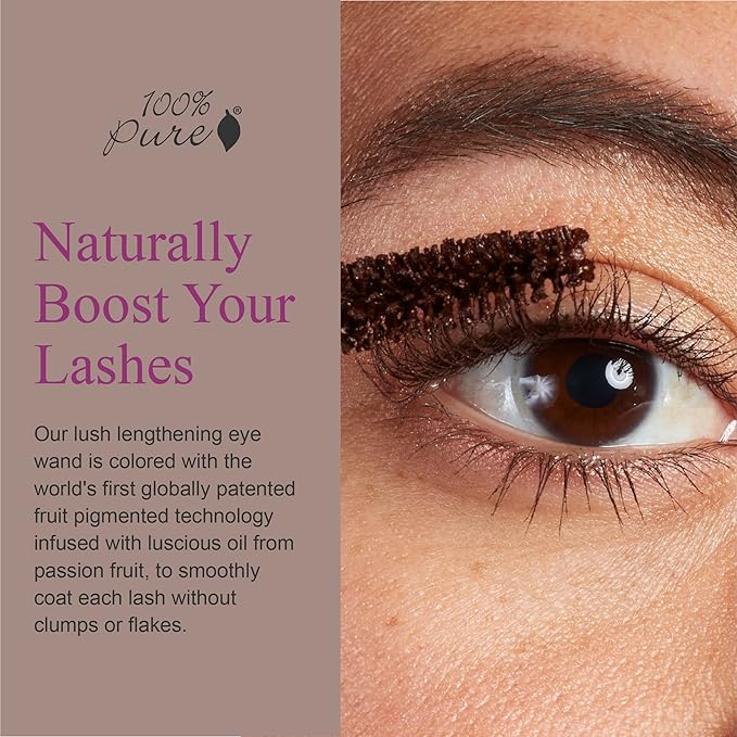 100% PURE Ultra Lengthening Mascara Dramatic Intense Volume & Length Natural Fruit Pigmented Voluminous Eyelash Makeup No Clumping, Smudging or Flaking - Vegan, Dark Chocolate Color - 0.35 oz