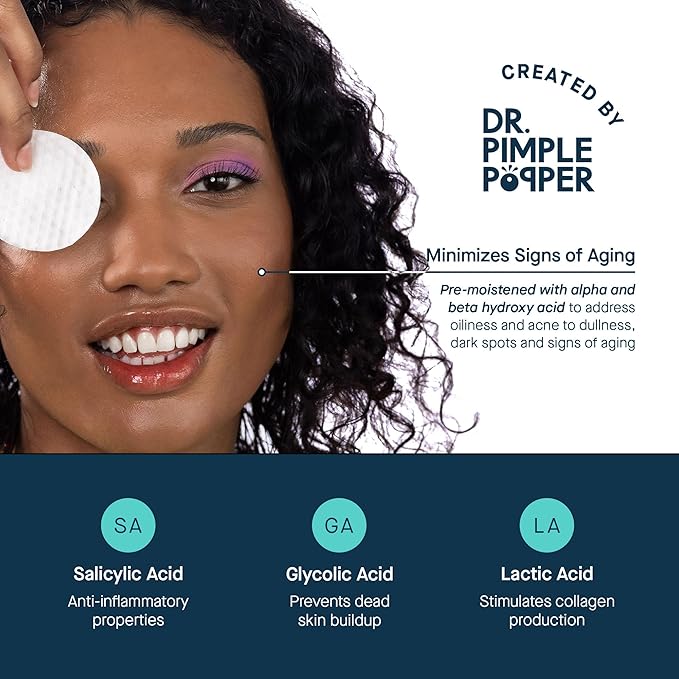 SLMD by Dr. Pimple Popper - AHA BHA Toner Pads Swipes, Salicylic Acid, Glycolic Acid & Lactic Acid - Daily Resurfacing Pads for Face & Body - Facial Exfoliating Resurface, Treat, and Prevent Acne