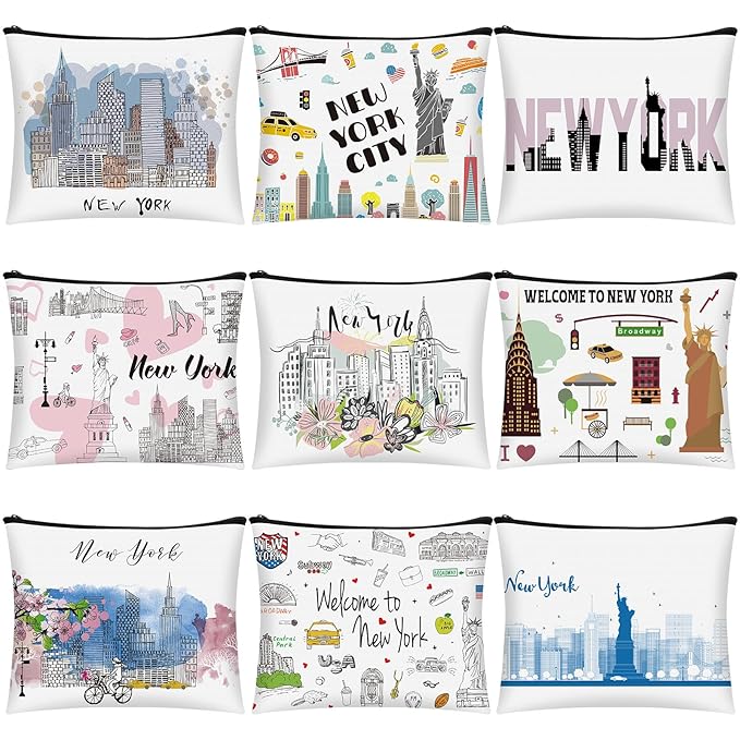 9 Pcs New York Cosmetic Bag New York Souvenir Zipper Pouch Los Angeles Souvenir Gifts Italy Paris Broadway Alaska Makeup Purse for Girls Women Traveler Birthday Christmas Party Favors