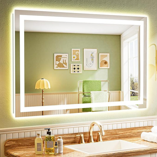 50x32 Inch LED Bathroom Mirror with Lights Front and Backlit Lighted Vanity Mirror for Bathroom Wall with 3 Colors Dimmable Anti-Fog Memory Shatter-Proof IP54 Waterproof Horizontal/Vertical