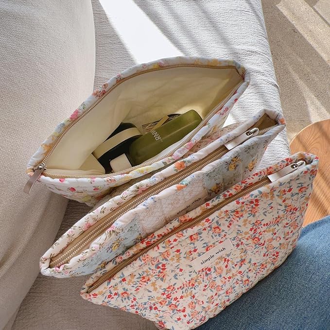 2 Pieces Floral Makeup Bag, Cute Travel Quilted Pouch Cosmetic Bag Organizer, Small Cotton Coquette Aesthetic Purse Toiletry Bag for Women Girls accessories (Beige Flower-2PCS)