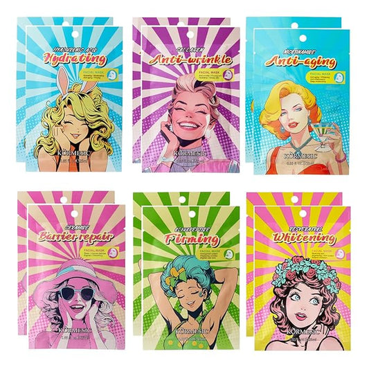 12 Combo Pack Face Mask (Collagen, Hyaluronic Acid, Niacinamide, Oligopeptide, Resveratrol, Ceramide) Hydrating & Moisturizing Facial Sheet Mask For Women Skincare