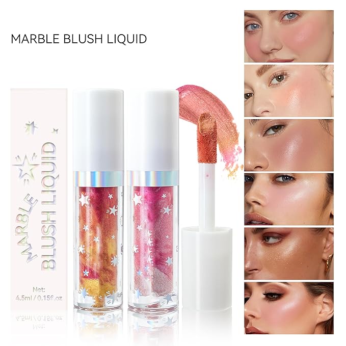 Marble Liquid Blush, Long-lasting Liquid Blush for Cheeks with High-pigment Color, Lightweight & Buildable Formula, Creates A Soft, Shimmery Finish (#06)
