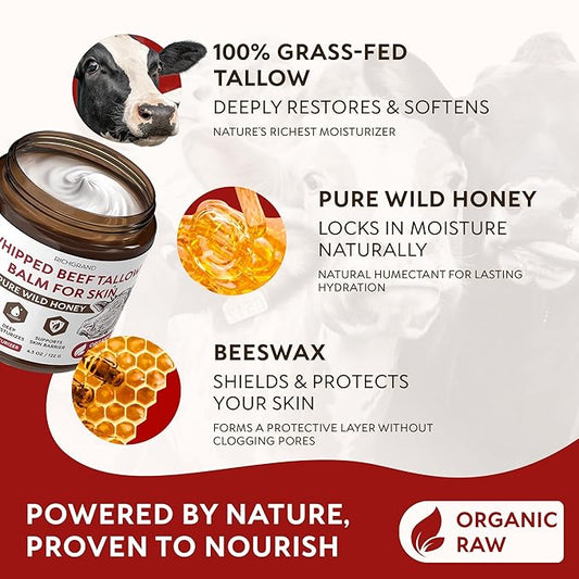 Beef Tallow for Skin – Whipped Tallow and Honey Balm with Grass-Fed Beef Tallow – Organic Daily Tallow Face Moisturizer & Body Balm – Deep Nourishment for Dry, Cracked, Sensitive Skin - 4.3 OZ