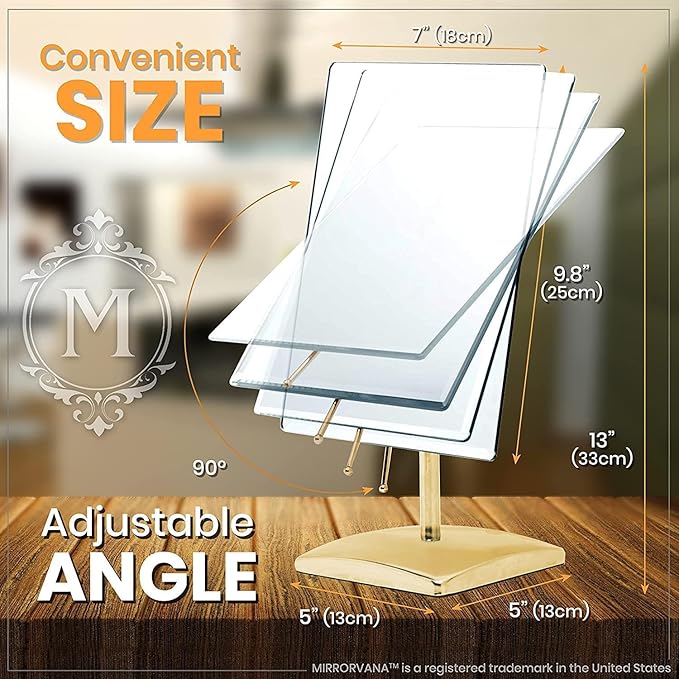 MIRRORVANA Large Free Standing Mirror - Frameless, Gold-Plated, Beveled Design for Desk, Retail Counter, Bathroom and Vanity Dressing Table (9.8" x 7")