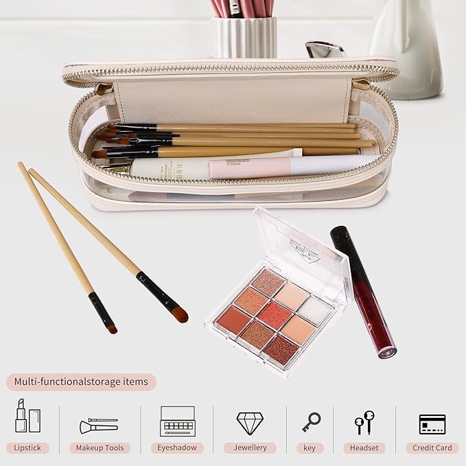 Makeup Brush Case Clear Travel Cosmetic & Toiletry Bag Slim Makeup Bag with Zipper Small Purse Organizer Car Essential Bag for Women (Beige, SLIM-1)