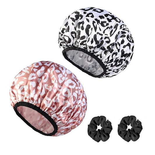 2-Pack Reusable Waterproof Shower Caps for Women, Double-Layer Elastic Bath hat,Extra Large Hair Cap for Long Curly Hair（White, Pink）