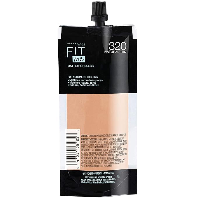 Maybelline New York Fit Me Matte + Poreless Liquid Foundation, Pouch Format, 320 Natural Tan, 1.3 Ounce