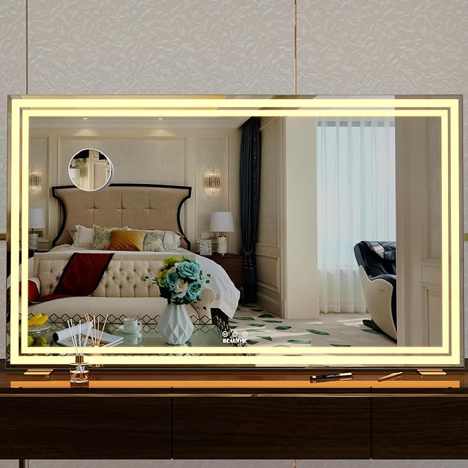 BEAUTME Vanity Mirror, Large Hollywood Mirror with Lights for Tabletop,Lighted Makeup Mirror for Dressing Room & Bedroom, Desktop Mirror/Wall Mounted Mirror 1.8M Cable,Silver(101.6 × 62cm)