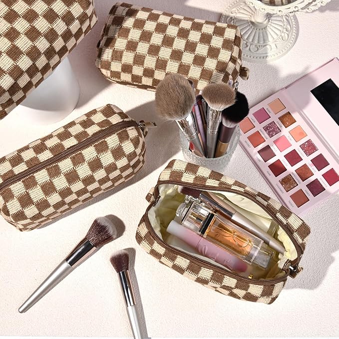 6 Pcs Preppy Makeup Bag Bulk Checkered Cosmetic Bag Brown Makeup Pouch Personalize Travel Toiletry Bag Organizer Cute DIY Makeup Brushes Storage Bag for Women
