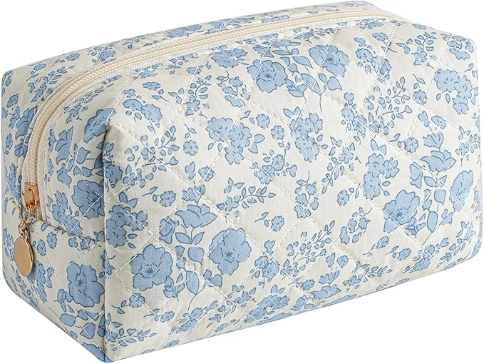Makeup Bag Travel Cosmetic Bag for Women Girls, Zipper Make Up Pouch, Floral Flowers Toiletry Organizer Makeup, Portable Storage Cosmetic Travel Cloth Bag (Blue Floral)