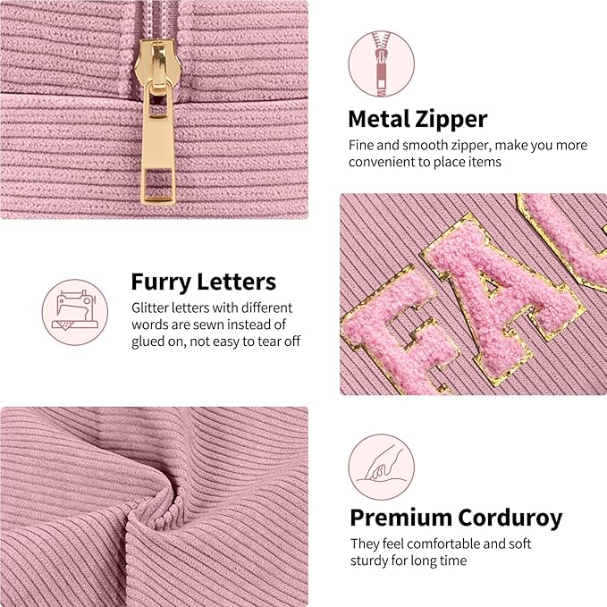 MAGEFY Corduroy Makeup Bag Small Makeup Bag for Purse with Compartments Cute Makeup Pouch Cosmetic Bag for Women Friends Preppy Gifts (Pink, FACE)