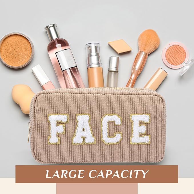 4 Pcs Preppy Patch Makeup Bag Corduroy Cosmetic Bag Makeup Accessories Skincare Pouch Chenille Letter Portable Zipper Face Pouch Cute Toiletry for Women Travel(Dark Color)