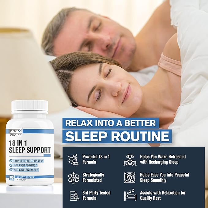 Doc Choice - 18 in 1 Sleep Support New for Adults Total Formula | Mood, Sleep, Restfulness Support | 18 Research Backed Ingredients | Melatonin, Magnesium, GABA, Ashwagandha & More - 60 Caps