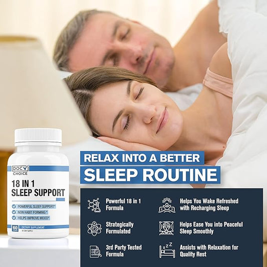 Doc Choice - 18 in 1 Sleep Support New for Adults Total Formula | Mood, Sleep, Restfulness Support | 18 Research Backed Ingredients | Melatonin, Magnesium, GABA, Ashwagandha & More - 60 Caps