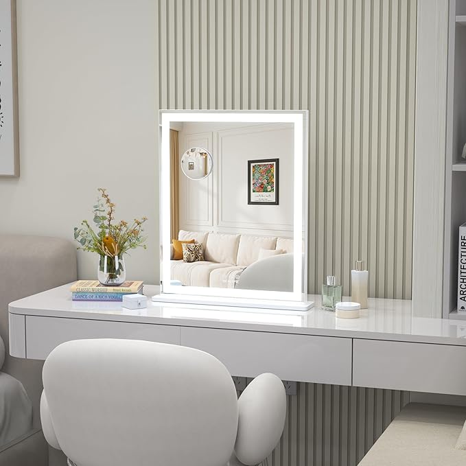 ANYHI Vanity Mirror with LED Light, 24"x20.5" Lighted Vanity Mirror with 10X Magnifying, 3 Color Modes, Dimmable, Smart Touch Control, Aluminum Frame, Tabletop/Wall Mount, White