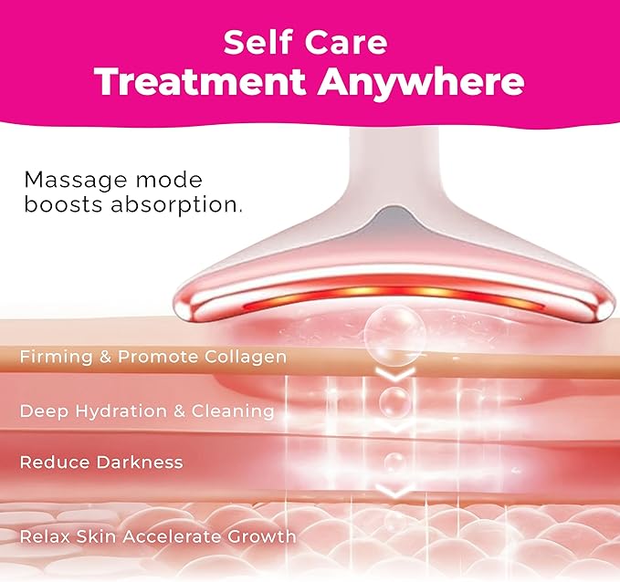 Red Light Therapy for Face - Neck Facial Massager - Beauty Face Lift, Microcurrent Facial Device, Lymphatic Drainage Massager, Double Chin Reducer, True Beauty Glow, luminesce, Gua Sha Tool - Pink