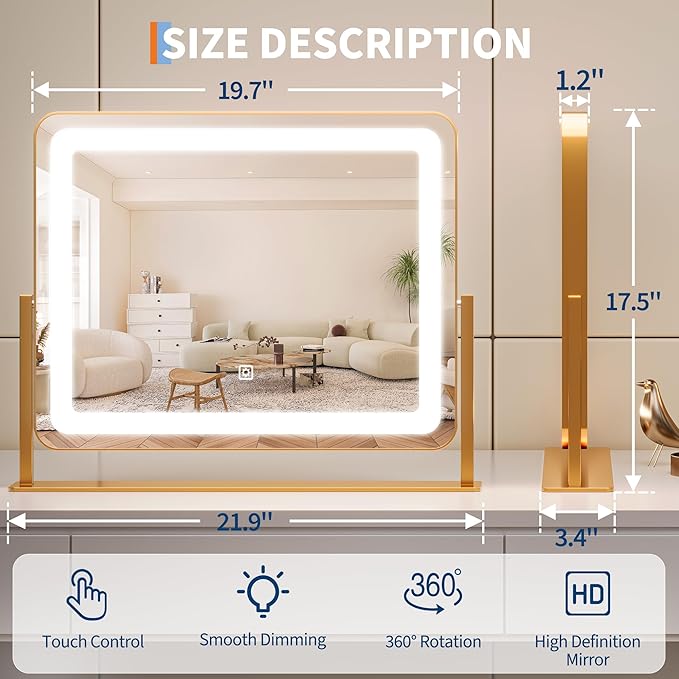 19.6"x15.7" Vanity Mirror with Lights, Large Lighted Mirror, LED Makeup Mirror with 3-Color Dimmable Modes and Smart Touch Control, Perfect for Desk or Bedroom, Vanity Desk Tabletop Makeup, Gold
