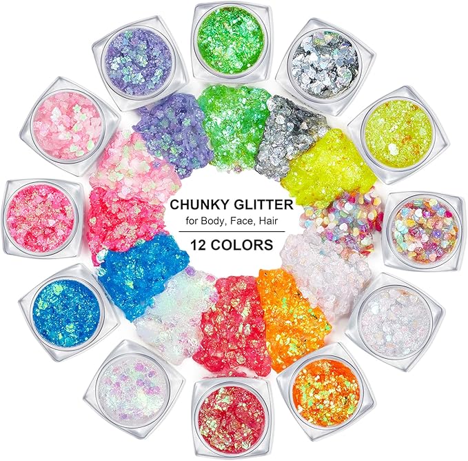 12 Colors Body Glitter Gel Kit, Super Long Lasting Holographic Chunky Glitter Gel Festival Party Makeup for Face, Body, Hair, Nail Art, Eyeshadow, 3Pcs Sponge Makeup Brush Include (Set C)
