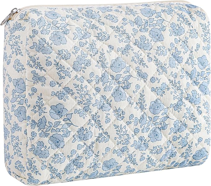 Makeup Bag Travel Cosmetic Bag for Women Girls, Zipper Make Up Pouch, Floral Flowers Toiletry Organizer Makeup, Portable Storage Cosmetic Travel Cloth Bag (L/Blue Floral)
