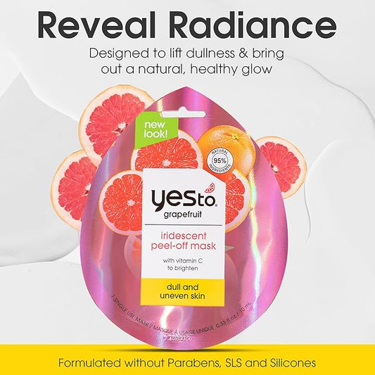 Yes To Grapefruit Iridescent Peel Off Mask with Vitamin C to Refresh Dull Skin, for Men, Women and Teens, No Paraben, 3 Pack.