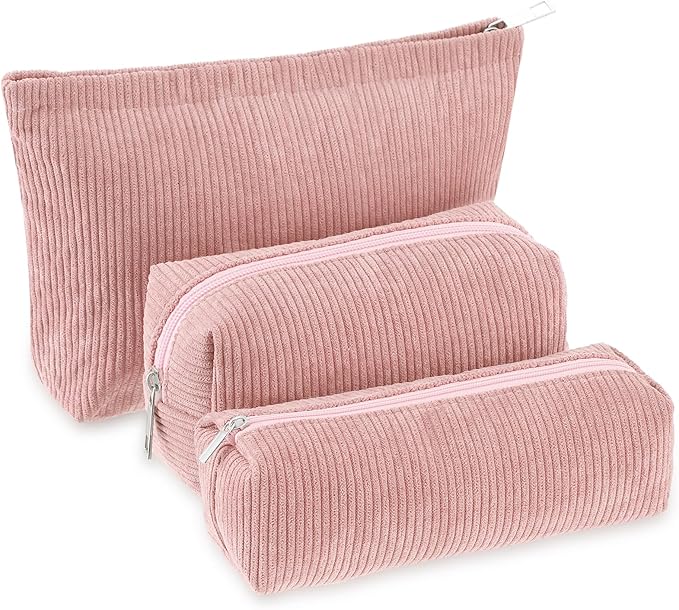 3 Pcs Makeup Bag Set for Women Corduroy Cosmetic Pouch Aesthetic Smile Travel Toiletry Bag Cute Purse Pouch Pencil Case Makeup Brushes Storage Organizer for Christmas(Pink,Solid Style)