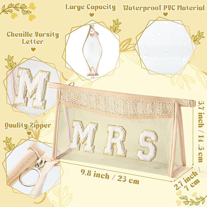 Boho Patch Cosmetic Bag - Summer MRS Chenille Varsity Letter Toiletry Bag Beige Clear Waterproof Travel Makeup Pouch PVC Zipper Clutch Daily Use Purse Summer Beach Gifts for Women Girls