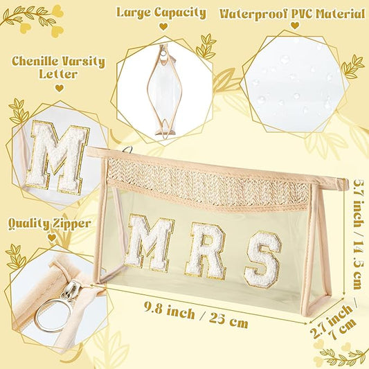 Boho Patch Cosmetic Bag - Summer MRS Chenille Varsity Letter Toiletry Bag Beige Clear Waterproof Travel Makeup Pouch PVC Zipper Clutch Daily Use Purse Summer Beach Gifts for Women Girls