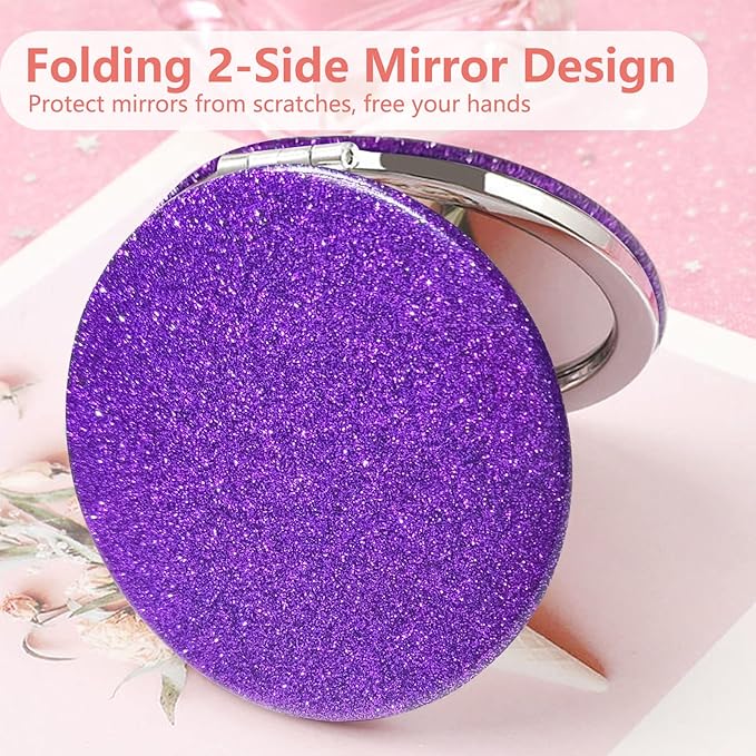 Acedada Pocket Mirror, Compact Mirror, Small Mirror for Purse with Glitter, Portable Travel Makeup Mini Mirror, Folding Handheld 2-Sided 1x/2x Magnifying Compact Mirror for Women Girls - Purple