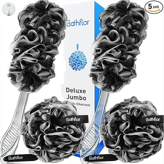Loofah Sponge, 80g Loofahs for Men Women, 5-in-1 Large Shower Loofah Exfoliating Body Scrubber, 2 Bath Sponge Loofa Packs, 2 Loofah with Handle Body Wash Back Scrubber, 1 Luffa Hook, Black