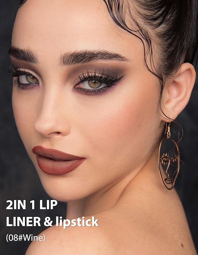 2-in-1 Lip Liner and Lipstick Lip Combo Set, Matte Nude Dark Brown Red Lip Liners, High Pigmented Long Lasting Waterproof Smudge Proof Crayon Makeup 08#