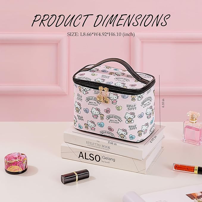 AmBealla Cosmetic Bag Large Makeup Bag Pink Makeup Travel Case with Brush Holder, Canvas Organizer for Women, Toiletry Bag for Skincare & Beauty Tools Sweet Cute for Girls