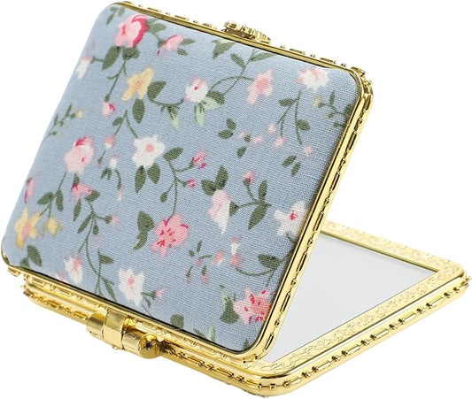 VOCOSTE Floral Compact Mirror - Folding Mini Travel Pocket Mirror for Women, Blue, Square