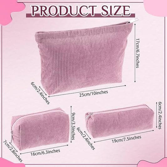 3 Pcs Makeup Bag Set for Women Corduroy Cosmetic Pouch Aesthetic Smile Travel Toiletry Bag Cute Purse Pouch Pencil Case Makeup Brushes Storage Organizer for Christmas(Rose Pink,Solid Style)
