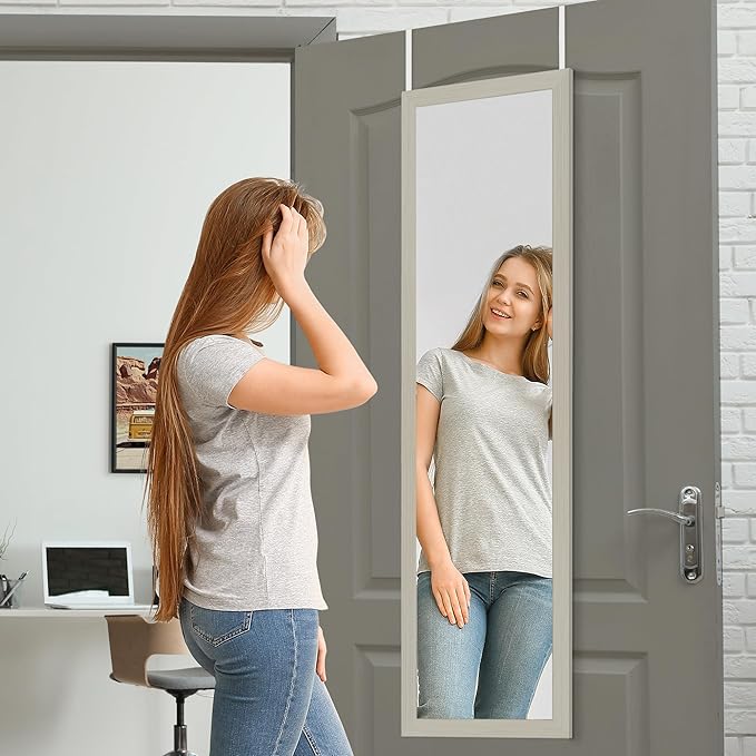 Americanflat 12x48 Over The Door Mirror - Hanging Full Length Mirrors with Engineered Wood - Modern Mirror for Bathroom, Bedroom, Living Room - Mirrors for Wall Display and Home Decor - Light Wood