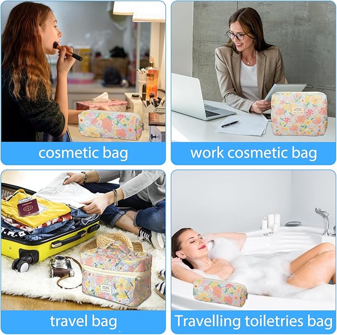 3 Piece Floral Oil Painting Print Cotton Quilted Makeup Bag Set, Large Capacity Travel Makeup Bags for Women and Girls, Includes Small, Medium, and Extra Large aesthetic makeup&Cosmetic Bags