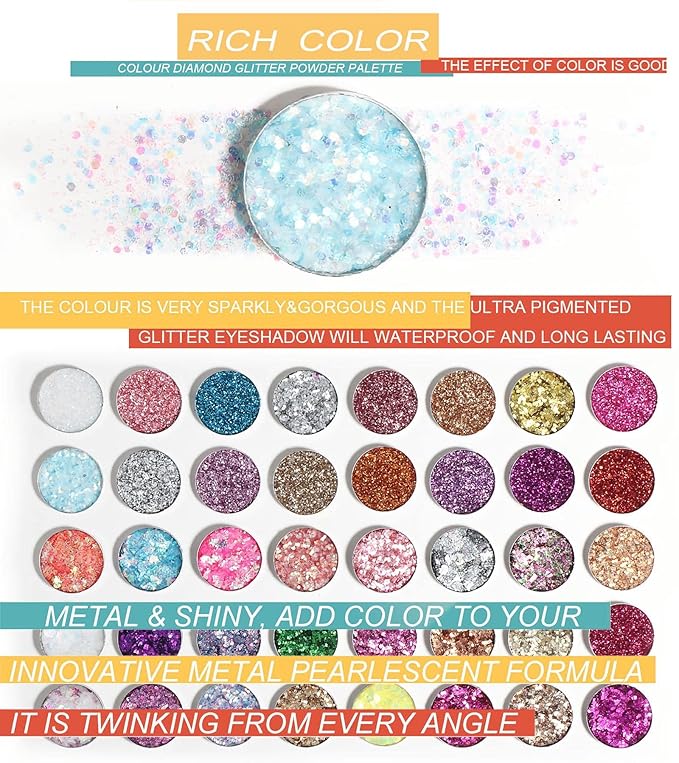 40-Color Ultra Shimmer Glitter Eyeshadow Palette: Professional, Chunky & Fine Glitter Pressed Glitter Eye Shadow Powder for Eyes, Face, & Body – Glitter Makeup Palette for Women & Girls