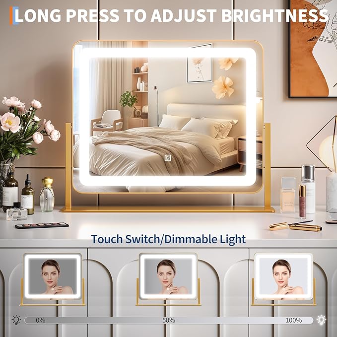 19.6"x15.7" Vanity Mirror with Lights, Large Lighted Mirror, LED Makeup Mirror with 3-Color Dimmable Modes and Smart Touch Control, Perfect for Desk or Bedroom, Vanity Desk Tabletop Makeup, Gold