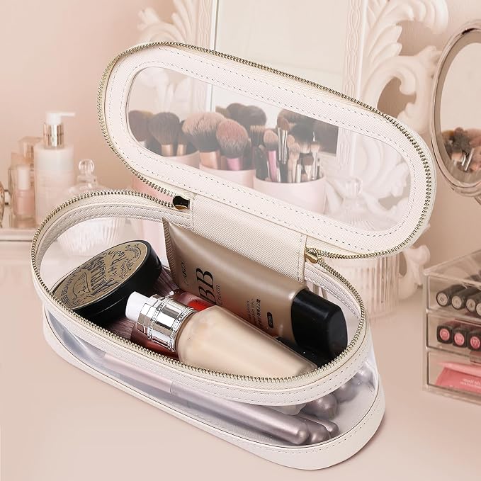 Makeup Brush Case Clear Travel Cosmetic & Toiletry Bag Slim Makeup Bag with Zipper Small Purse Organizer Car Essential Bag for Women (Beige, SLIM-2)