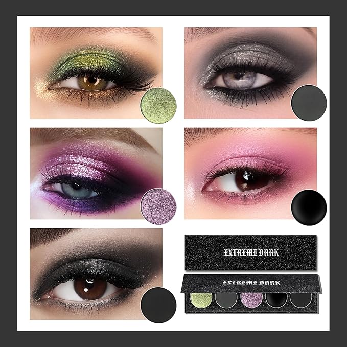 Black Eyeshadow Palette, 5 Colors True Black Chameleon Green Purple Color Changing Blush Eyes Multi-Use Dark Goth Makeup Pallet, Shimmer Matte Metallic Sombras De Ojos Kit for Daily Halloween2