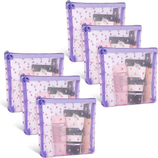 6 Pack Mini Zipper Mesh Makeup Bags, Heart Print Nylon Cosmetic Bags Toiletry Bags for Office Travel Organization (Widened-Purple, S)