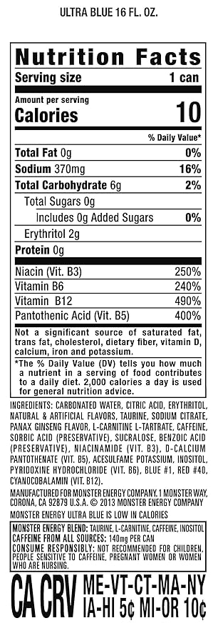 Monster Energy Ultra Blue, Sugar Free Energy Drink, 16 Ounce (Pack of 15)