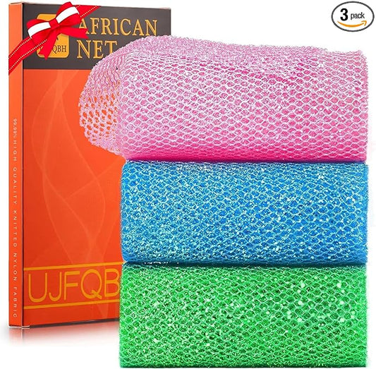 3 Piece Bright Style African exfoliating net Exfoliating Shower Set Long Bath Sponges for Smooth, Refreshed Skin, The Exterior Gleams - Ideal for Daily Use (Bright Pink, Blue, Green)