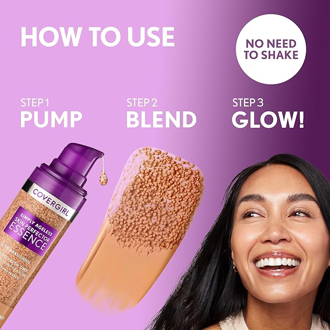 Covergirl Simply Ageless Skin Perfector Essence Foundation, 40 Medium, Tinted Skincare Makeup Hybrid, Sheer Tint, Radiant Finish,Glowy Finish, Vegan Formula, 1.0oz
