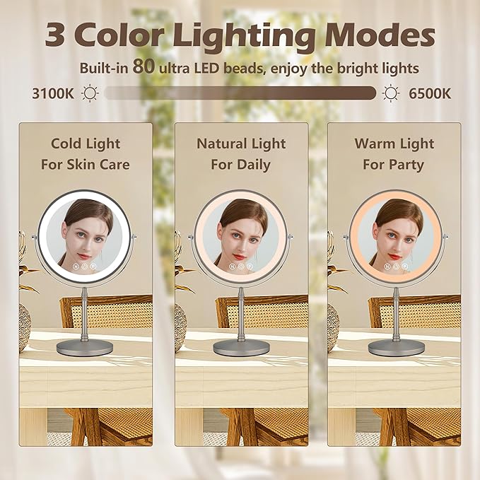 9" Large Makeup Mirror with Lights, 1X/10X Magnifying Vanity Mirror with 3 Colors Dimmable Lightning, 80 LED Lights, 360°Rotation Double Sided Standing Lighted Makeup Mirror Nickel