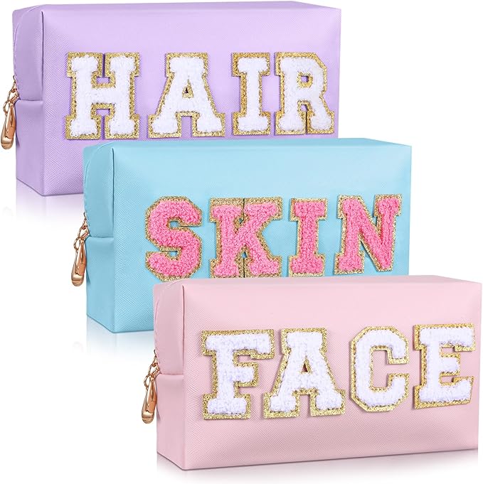 3 PCS Skin Care Bags for Girls Women, Preppy Makeup Bag, Hair Face Skin Stuff Travel Bags, PU Leather Toiletry Bag for Traveling, Bathroom Gift for Mother's Day Wife