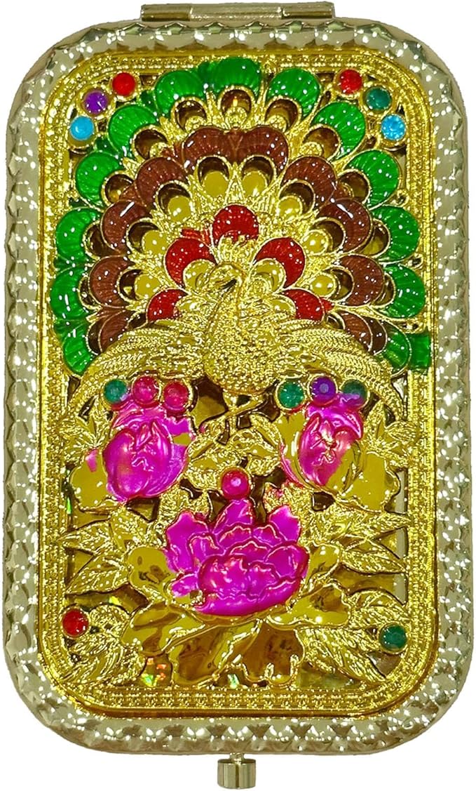 1PC Vintage Peacock Spreads Tail with Purple Flower Pattern Cosmetic Makeup Pocket Purse Magnification Jewel Mirror （Rectangle）